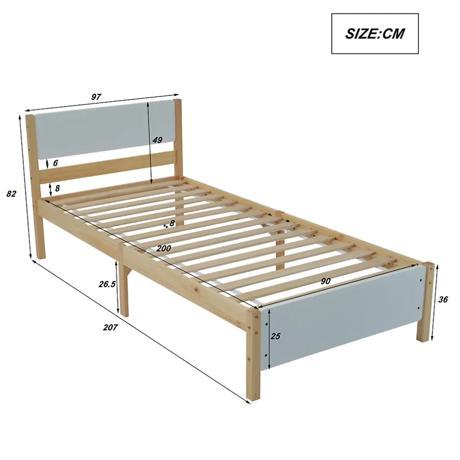ProximaX Lit adulte simple en bois - cadre en pin avec tête de lit et sommier à lattes lit en MDF blanc + naturel - 90x200 cm Discount