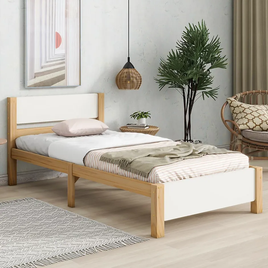 ProximaX Lit adulte simple en bois - cadre en pin avec tête de lit et sommier à lattes lit en MDF blanc + naturel - 90x200 cm Discount