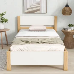 ProximaX Lit adulte simple en bois - cadre en pin avec tête de lit et sommier à lattes lit en MDF blanc + naturel - 90x200 cm Discount
