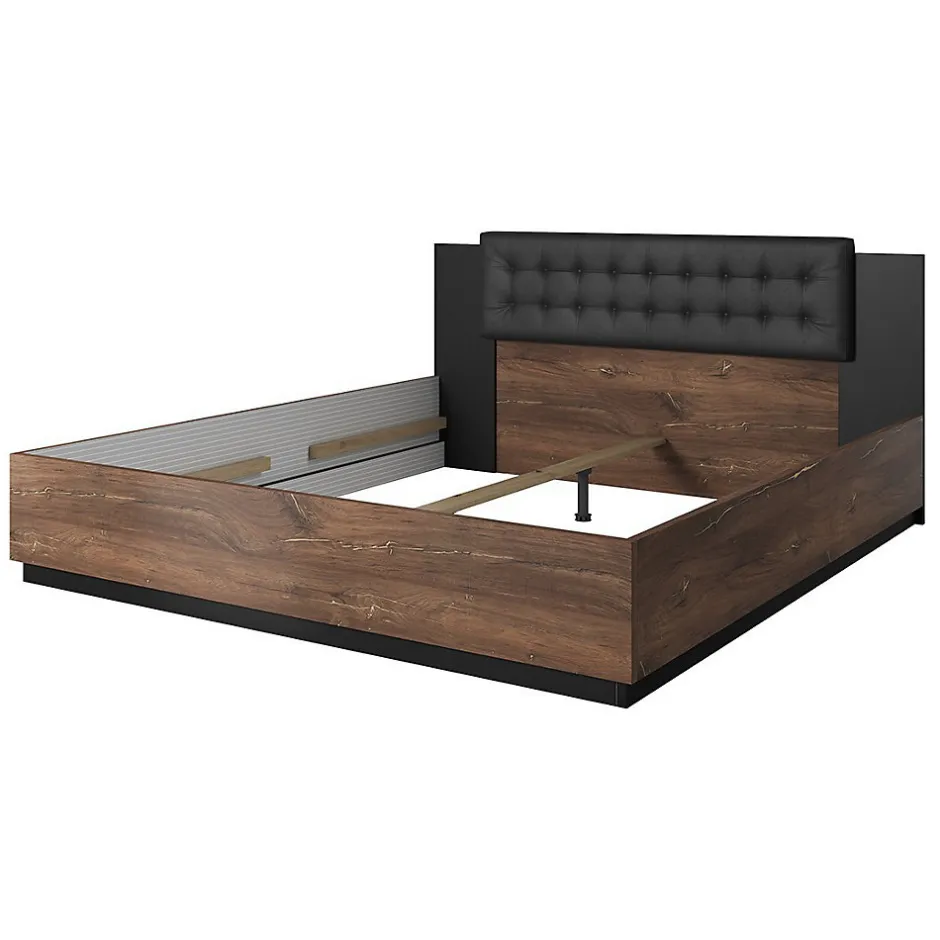 Meublorama Lit adulte 140x200 Chene foncé et noir Collection FOX Sommier inclus