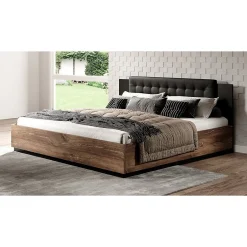 Meublorama Lit adulte 140x200 Chene foncé et noir Collection FOX Sommier inclus