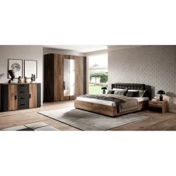 Meublorama Lit adulte 140x200 Chene foncé et noir Collection FOX Sommier inclus