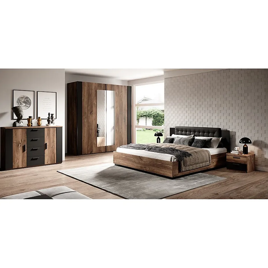 Meublorama Lit adulte 140x200 Chene foncé et noir Collection FOX Sommier inclus