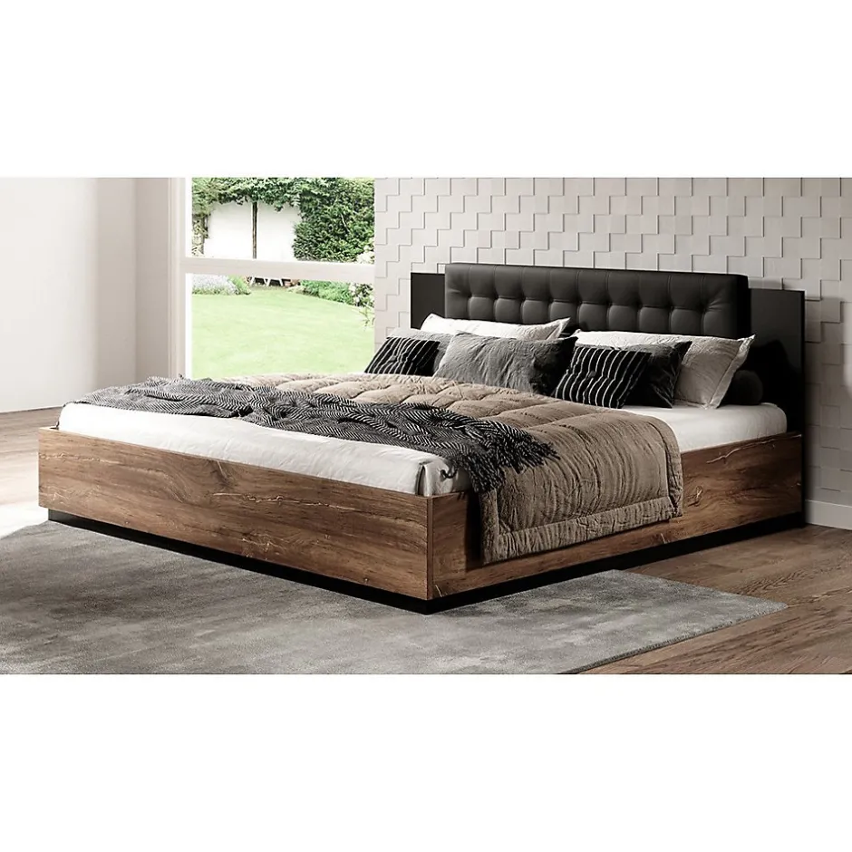 Meublorama Lit adulte 160x200 Chene foncé et noir Collection FOX Sommier inclus