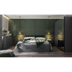 Meublorama Lit adulte 140x200 avec sommier et tiroirs intégrés - Collection FLOYD. Coloris gris effet bois.