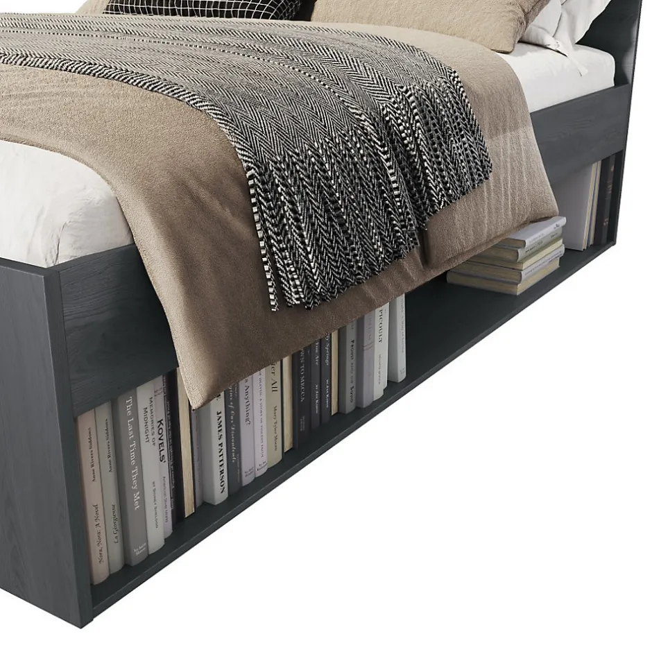 Meublorama Lit adulte 140x200 avec sommier et tiroirs intégrés - Collection FLOYD. Coloris gris effet bois.