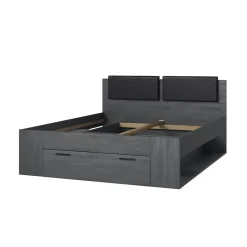Meublorama Lit adulte 160x200 avec sommier et tiroirs intégrés - Collection FLOYD. Coloris gris effet bois. Discount