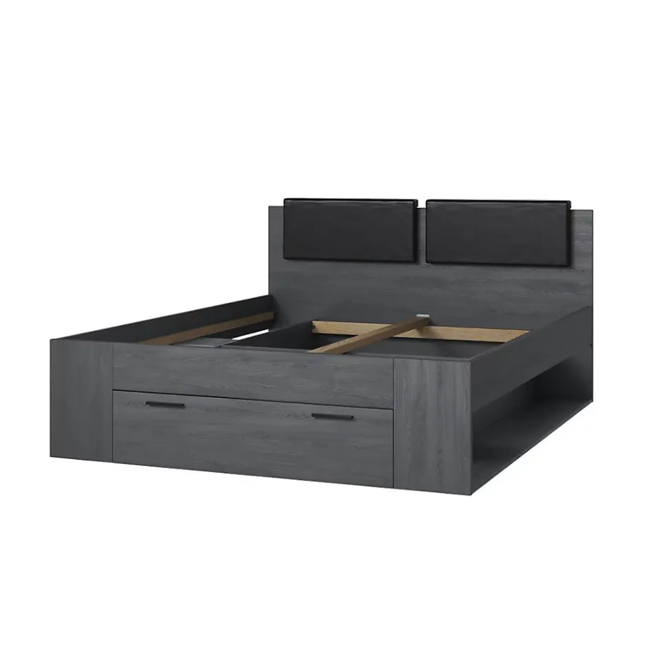 Meublorama Lit adulte 160x200 avec sommier et tiroirs intégrés - Collection FLOYD. Coloris gris effet bois. Discount