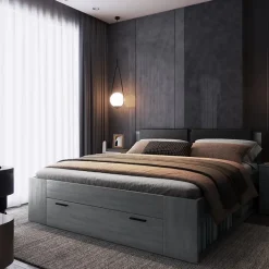 Meublorama Lit adulte 180x200 avec sommier et tiroirs intégrés - Collection FLOYD. Coloris gris effet bois. Outlet