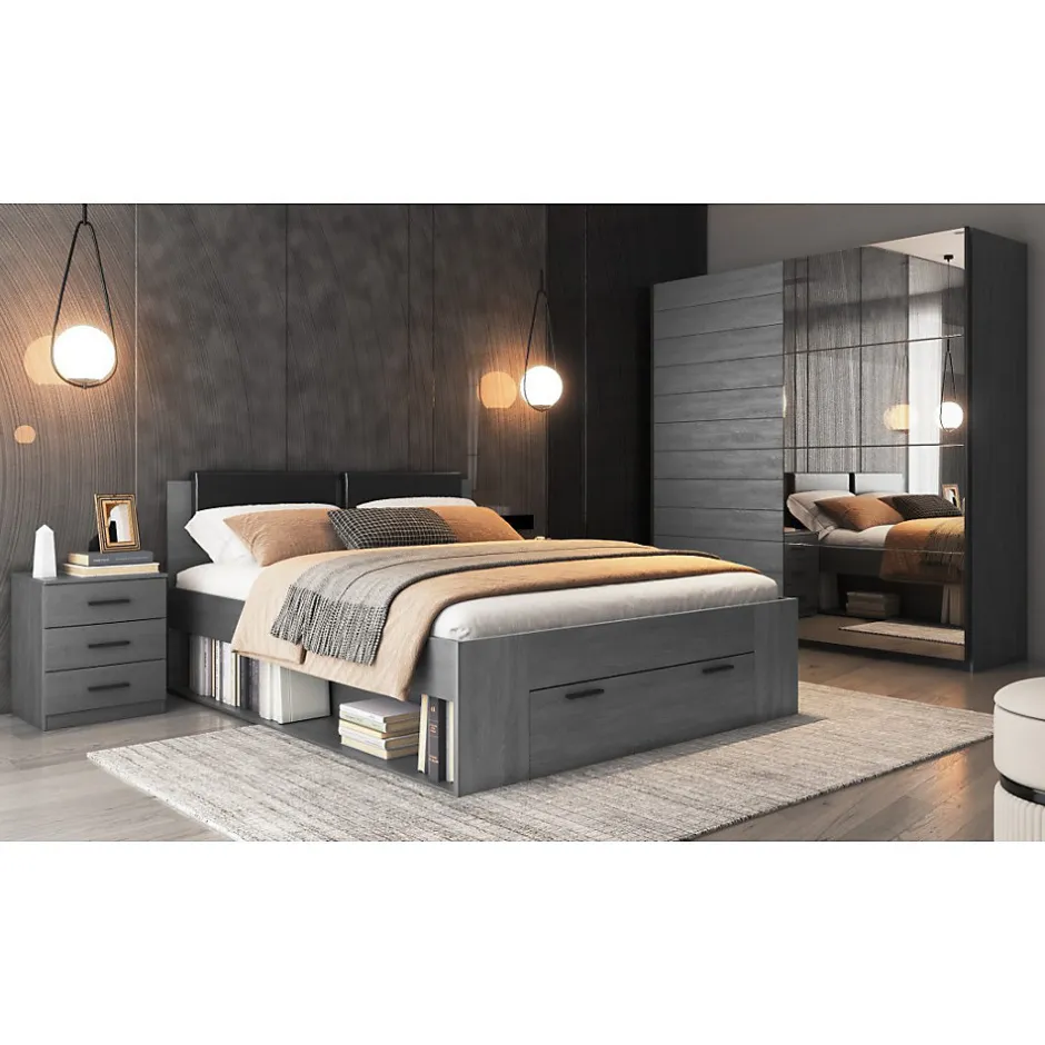 Meublorama Lit adulte 140x200 avec tiroirs intégrés - Collection FLOYD. Coloris gris effet bois