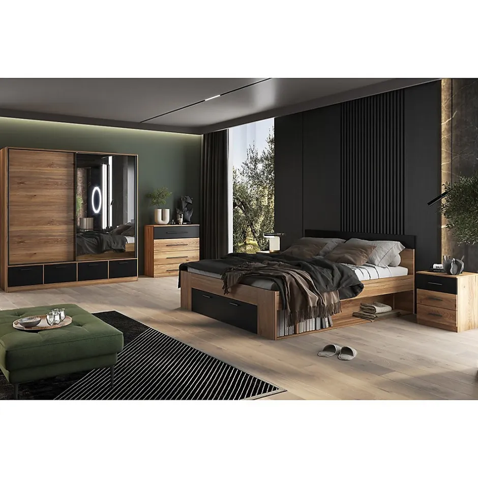 Meublorama Lit adulte 160x200 avec tiroirs intégrés - Collection EOS. Coloris chene clair et noir.