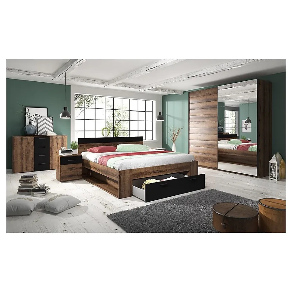 Meublorama Lit adulte 160x200 avec tiroirs intégrés - Collection EOS. Coloris chene foncé et noir Outlet