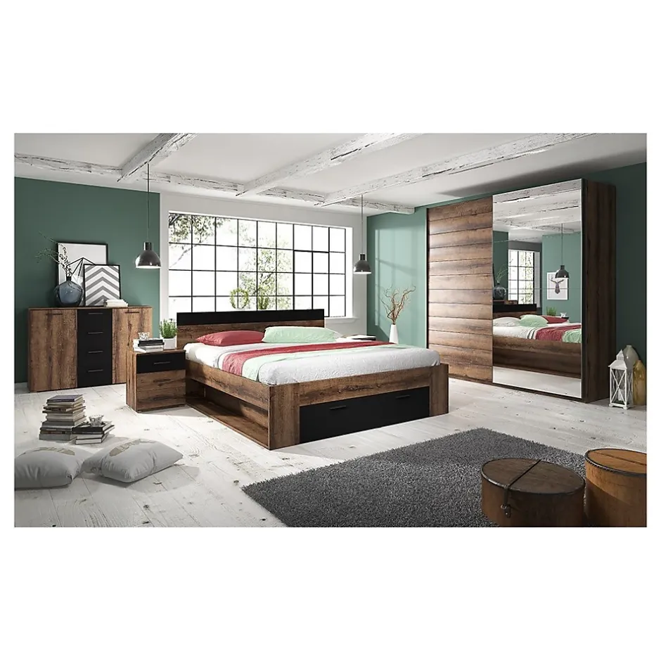 Meublorama Lit adulte 160x200 avec tiroirs intégrés - Collection EOS. Coloris chene foncé et noir Outlet