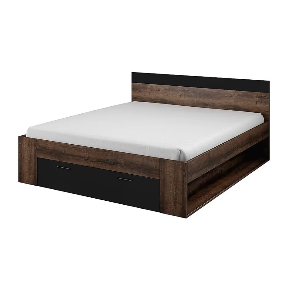 Meublorama Lit adulte 160x200 avec tiroirs intégrés - Collection EOS. Coloris chene foncé et noir Outlet