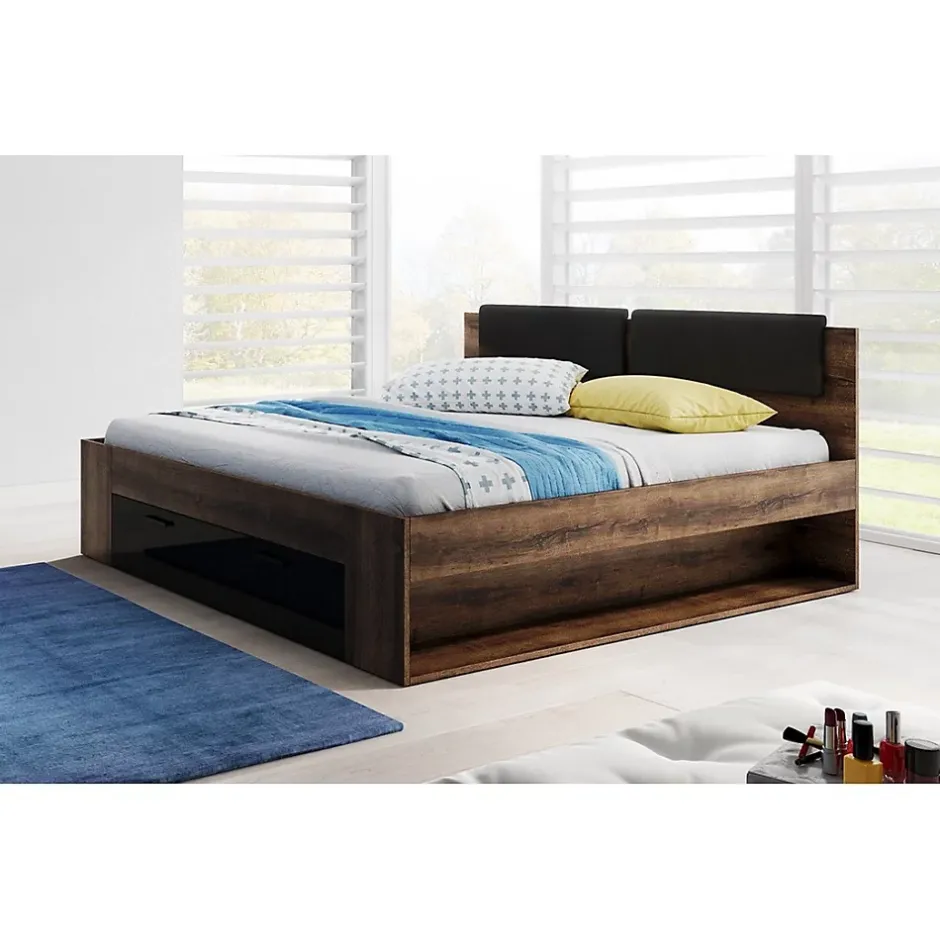 Meublorama Lit adulte 180x200 avec tiroirs intégrés - Collection FLOYD. Coloris chene foncé et noir Sale