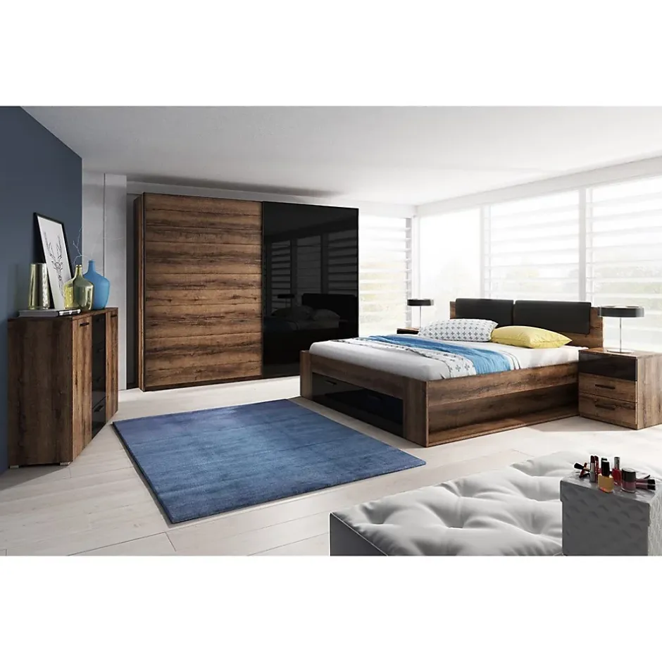 Meublorama Lit adulte 180x200 avec tiroirs intégrés - Collection FLOYD. Coloris chene foncé et noir Online