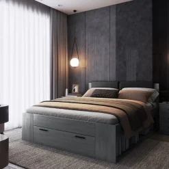 Meublorama Lit adulte 160x200 avec tiroirs intégrés - Collection FLOYD. Coloris gris effet bois
