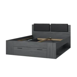 Meublorama Lit adulte 160x200 avec tiroirs intégrés - Collection FLOYD. Coloris gris effet bois