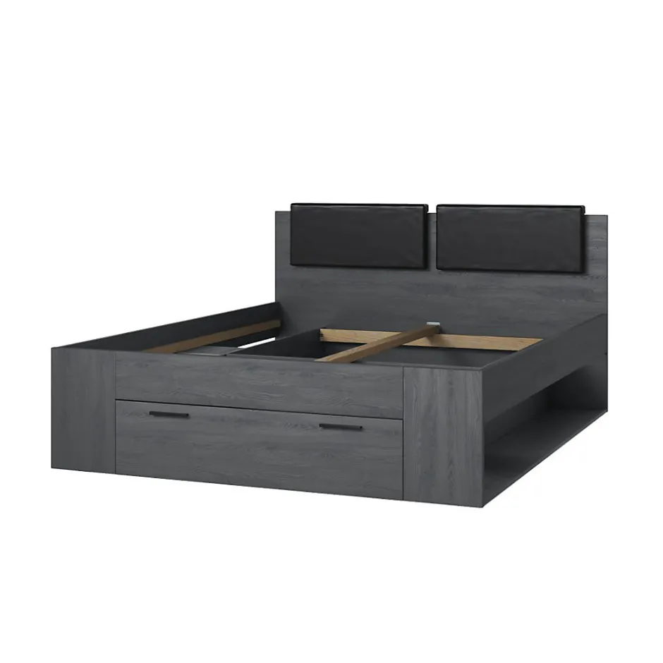 Meublorama Lit adulte 160x200 avec tiroirs intégrés - Collection FLOYD. Coloris gris effet bois