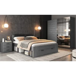 Meublorama Lit adulte 160x200 avec tiroirs intégrés - Collection FLOYD. Coloris gris effet bois