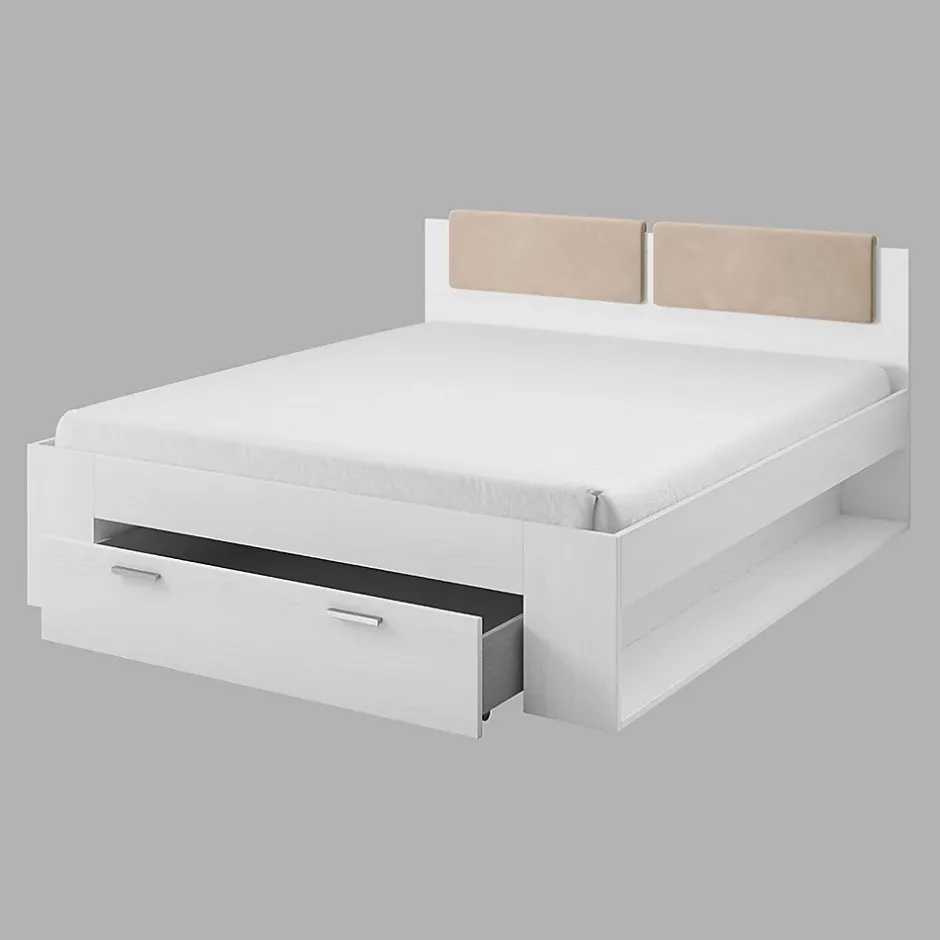 Meublorama Lit adulte 180x200 avec tiroirs intégrés - Collection FLOYD. Coloris blanc effet bois. Sale