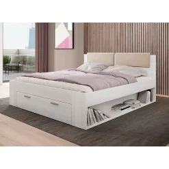 Meublorama Lit adulte 180x200 avec tiroirs intégrés - Collection FLOYD. Coloris blanc effet bois. Sale