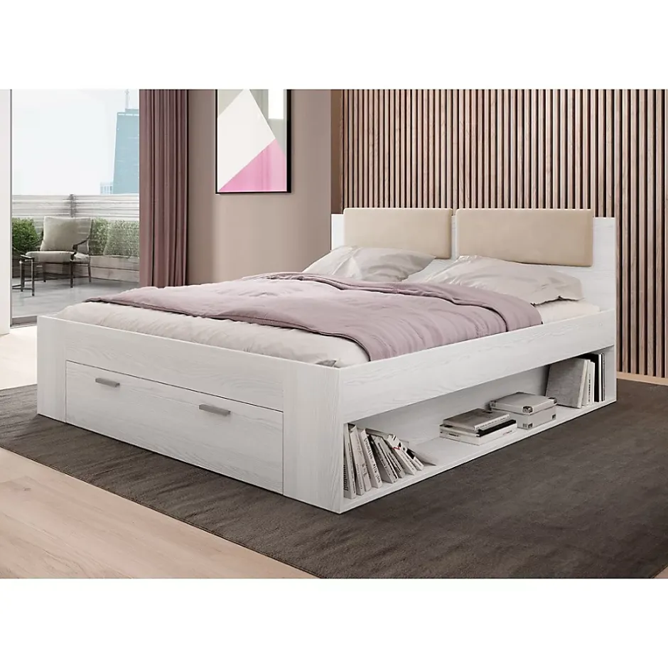Meublorama Lit adulte 180x200 avec tiroirs intégrés - Collection FLOYD. Coloris blanc effet bois. Sale