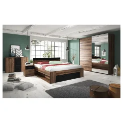 Meublorama Lit adulte 160x200 avec tiroirs intégrés - Collection EOS. Coloris chene foncé et noir