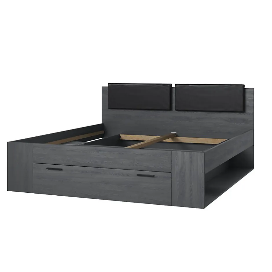 Meublorama Lit adulte 180x200 avec tiroirs intégrés - Collection FLOYD, Coloris gris effet bois