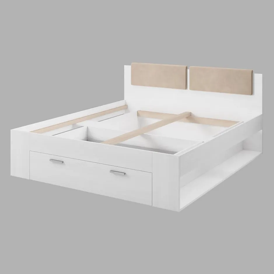 Meublorama Lit adulte 180x200 avec tiroirs intégrés - Collection FLOYD, Coloris blanc effet bois Sale