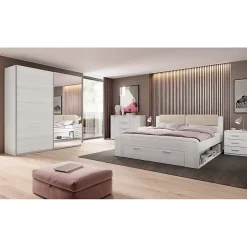 Meublorama Lit adulte 180x200 avec tiroirs intégrés - Collection FLOYD, Coloris blanc effet bois Sale