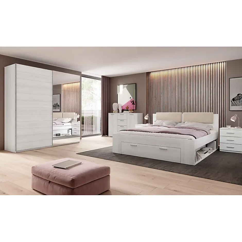Meublorama Lit adulte 180x200 avec tiroirs intégrés - Collection FLOYD, Coloris blanc effet bois Sale