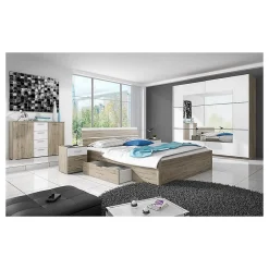 Meublorama Lit adulte 160x200 avec tiroirs intégrés - Collection EOS. Coloris chene clair et blanc