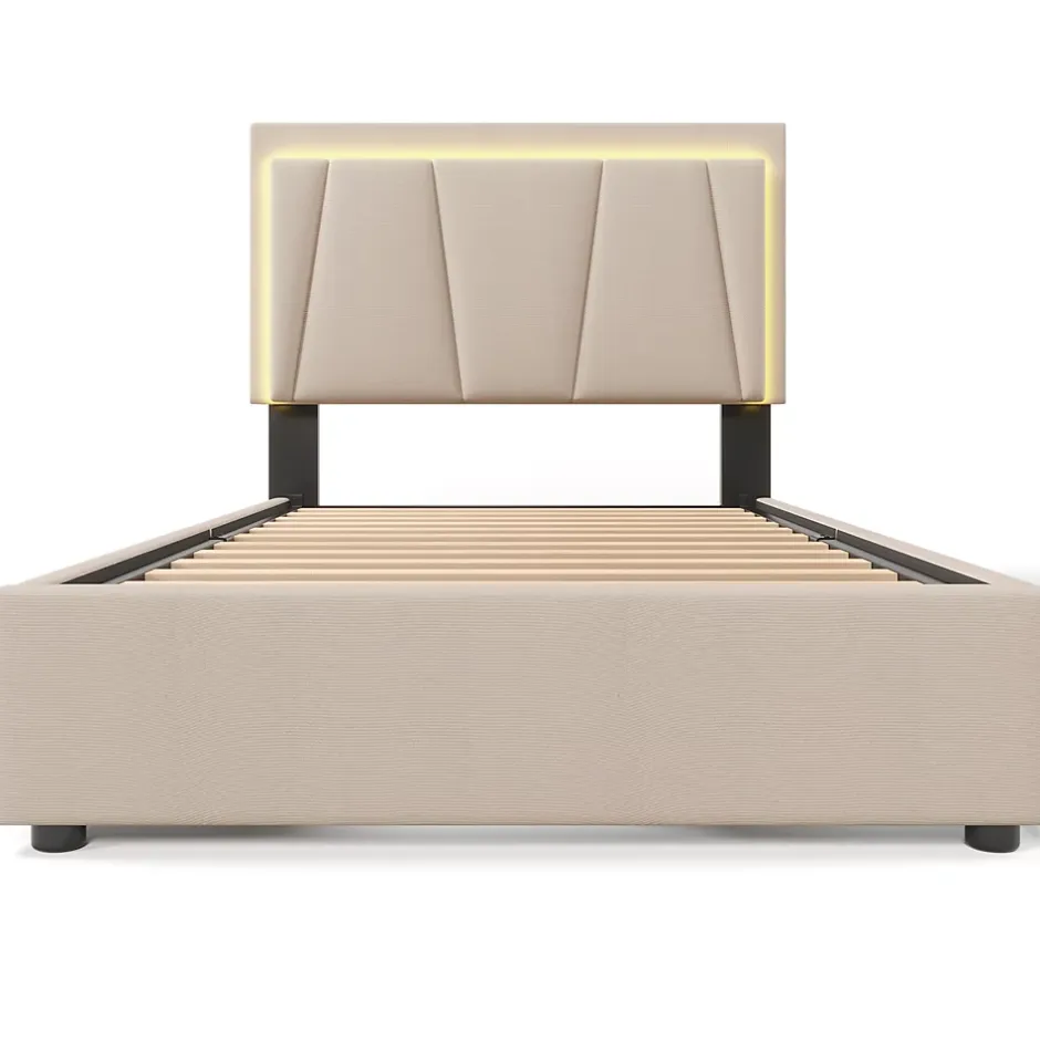 Generique Lit Adulte 90x200 cm avec LED et Tiroirs - Lit Capitonné avec Tête Réglable et Rangement - en Lin Beige, Sans Matelas Outlet