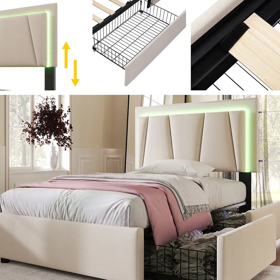 Generique Lit Adulte 90x200 cm avec LED et Tiroirs - Lit Capitonné avec Tête Réglable et Rangement - en Lin Beige, Sans Matelas Outlet