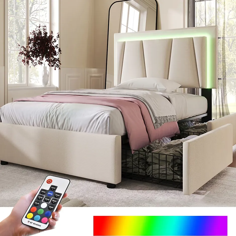 Generique Lit Adulte 90x200 cm avec LED et Tiroirs - Lit Capitonné avec Tête Réglable et Rangement - en Lin Beige, Sans Matelas Outlet