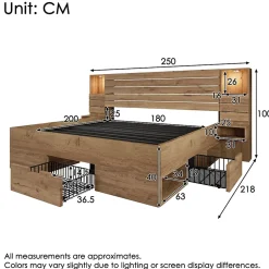 ModernLuxe Lit adulte 180x200 cm en bois + MDF - avec table de chevet suspendue - LED + prises chargement - Naturel (sans matelas) New