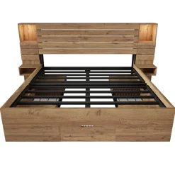 ModernLuxe Lit adulte 180x200 cm en bois + MDF - avec table de chevet suspendue - LED + prises chargement - Naturel (sans matelas) New