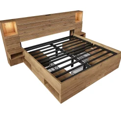 ModernLuxe Lit adulte 160x200 cm en bois+MDF - avec table de chevet suspendue - LED + prises chargement - Naturel (sans matelas) Clearance