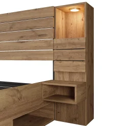 ModernLuxe Lit adulte 160x200 cm en bois+MDF - avec table de chevet suspendue - LED + prises chargement - Naturel (sans matelas) Clearance