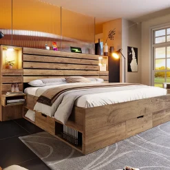 ModernLuxe Lit adulte 160x200 cm en bois+MDF - avec table de chevet suspendue - LED + prises chargement - Naturel (sans matelas) Clearance