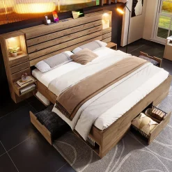 ModernLuxe Lit adulte 160x200 cm en bois+MDF - avec table de chevet suspendue - LED + prises chargement - Naturel (sans matelas) Clearance
