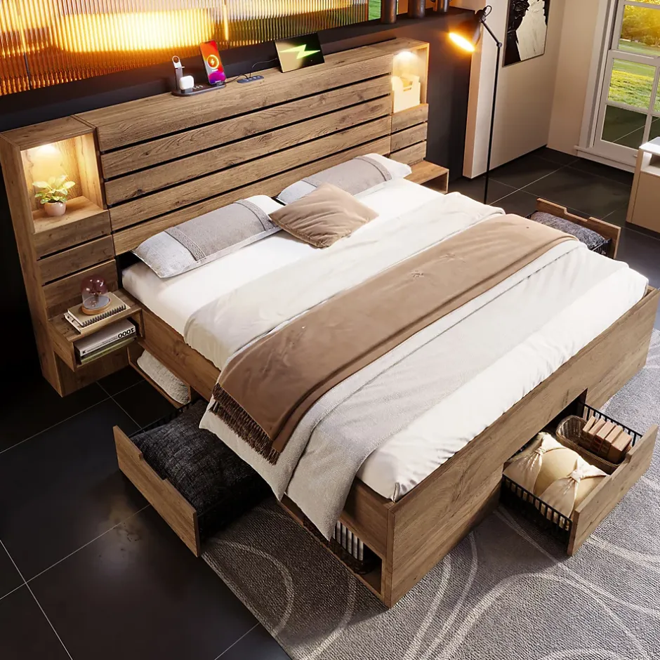 ModernLuxe Lit adulte 160x200 cm en bois+MDF - avec table de chevet suspendue - LED + prises chargement - Naturel (sans matelas) Clearance