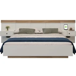 Gutent Lit adulte 140x200 cm, lit double avec chevets suspendus, led et prise usb type c, cadre en bois, chêne + blanc (sans matelas)