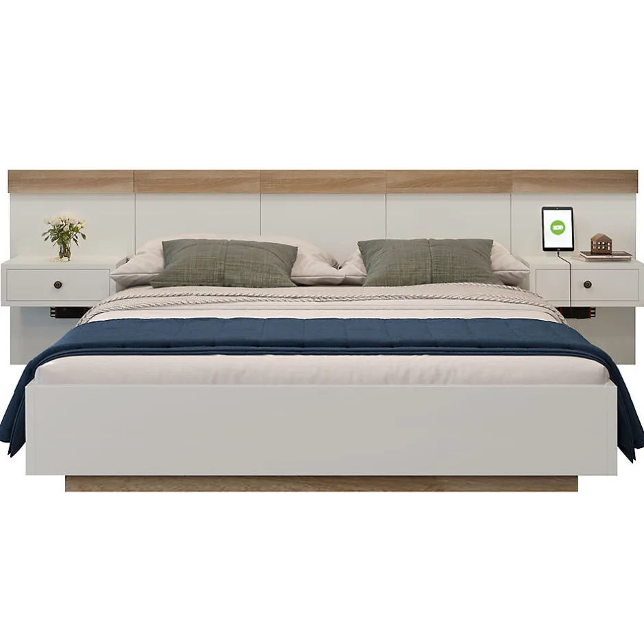 Gutent Lit adulte 140x200 cm, lit double avec chevets suspendus, led et prise usb type c, cadre en bois, chêne + blanc (sans matelas)