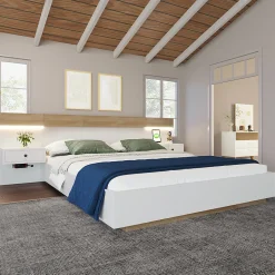Gutent Lit adulte 140x200 cm, lit double avec chevets suspendus, led et prise usb type c, cadre en bois, chêne + blanc (sans matelas)