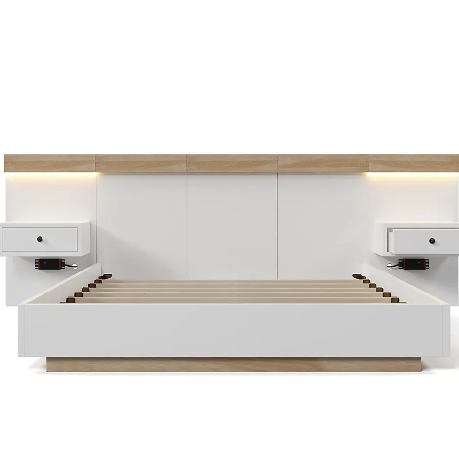 Gutent Lit adulte 140x200 cm, lit double avec chevets suspendus, led et prise usb type c, cadre en bois, chêne + blanc (sans matelas)