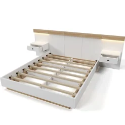 Gutent Lit adulte 140x200 cm, lit double avec chevets suspendus, led et prise usb type c, cadre en bois, chêne + blanc (sans matelas)