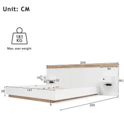 Gutent Lit adulte 140x200 cm, lit double avec chevets suspendus, led et prise usb type c, cadre en bois, chêne + blanc (sans matelas)