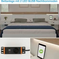 Gutent Lit adulte 140x200 cm, lit double avec chevets suspendus, led et prise usb type c, cadre en bois, chêne + blanc (sans matelas)